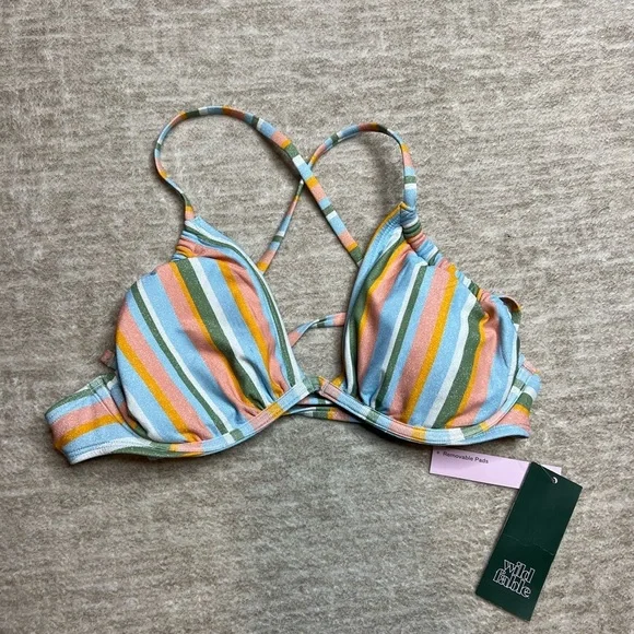 Women's Small Underwire String Bikini Top Colorful Shimmer Stripe Padded Sexy - Picture 3 of 9